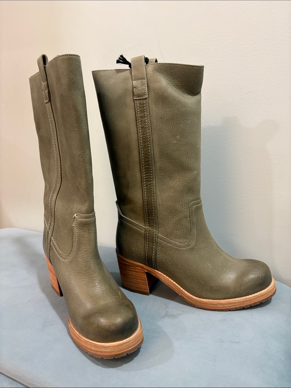 Boot Barn Cleo & Wolf Scout Green Leather Mid-Calf Heeled Boots